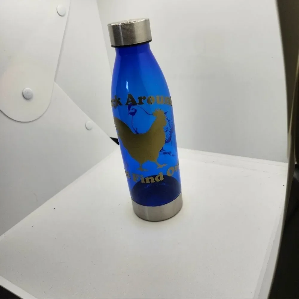 Hand Crafted Travel Water Bottle Plastic Steel Lid Bottom Blue Funny Saying